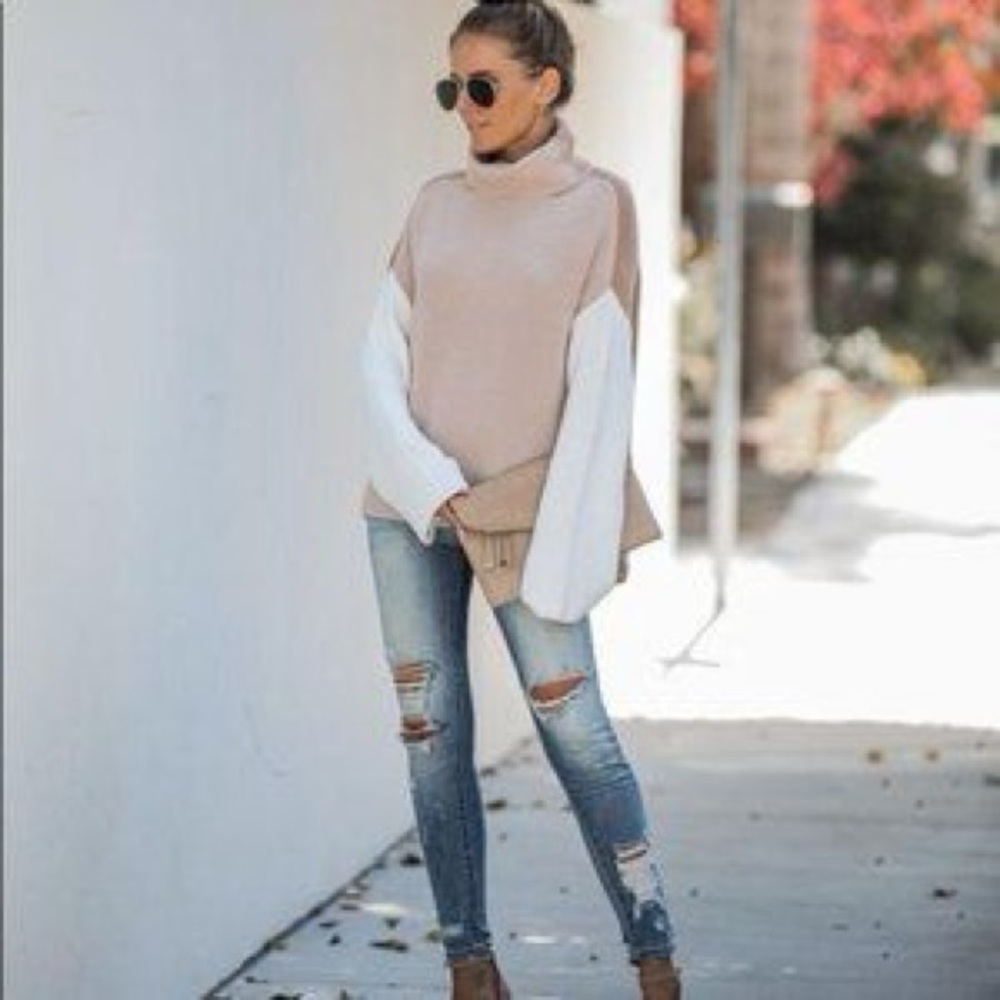 Miracle Beige, Tan and Cream Color Block Turtleneck  High-Low Sweater